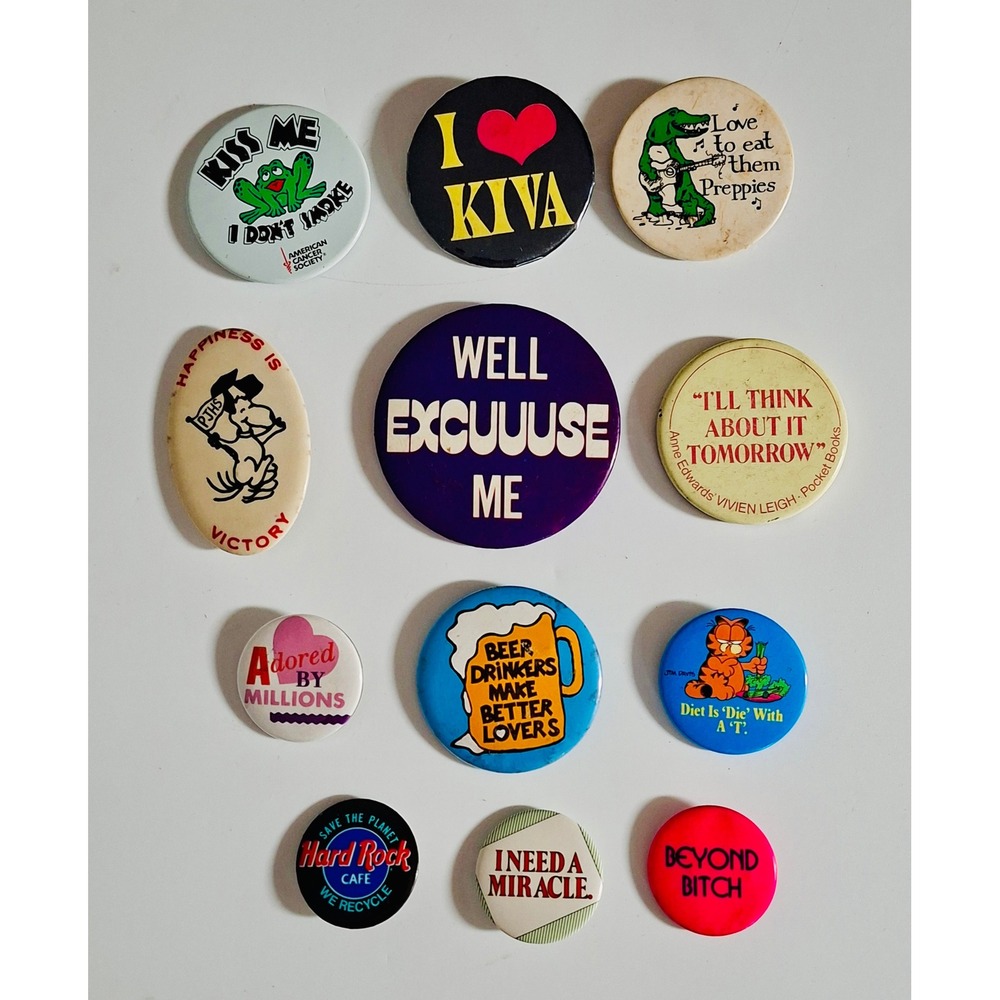 Vintage Novelty Pinback Button Lot 12 Garfield Hard Rock Humor Slogans Beer